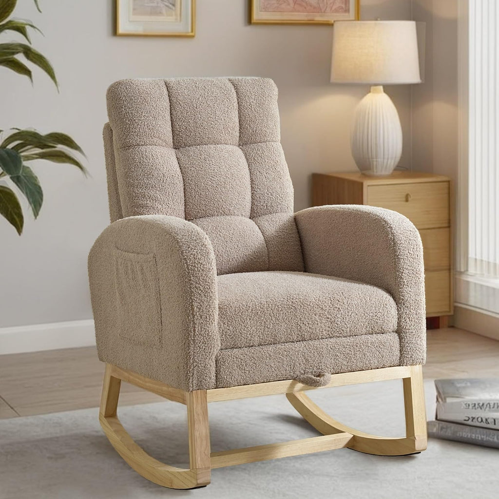 Rosevera Nursery Rocking Chair with Adjustable Footrest for Living Room - Teddy Fabric, Solid Wooden Legs, Comfortable Lounge Armchair with High Backrest and Side Pockets (Modern, Light Coffee)
