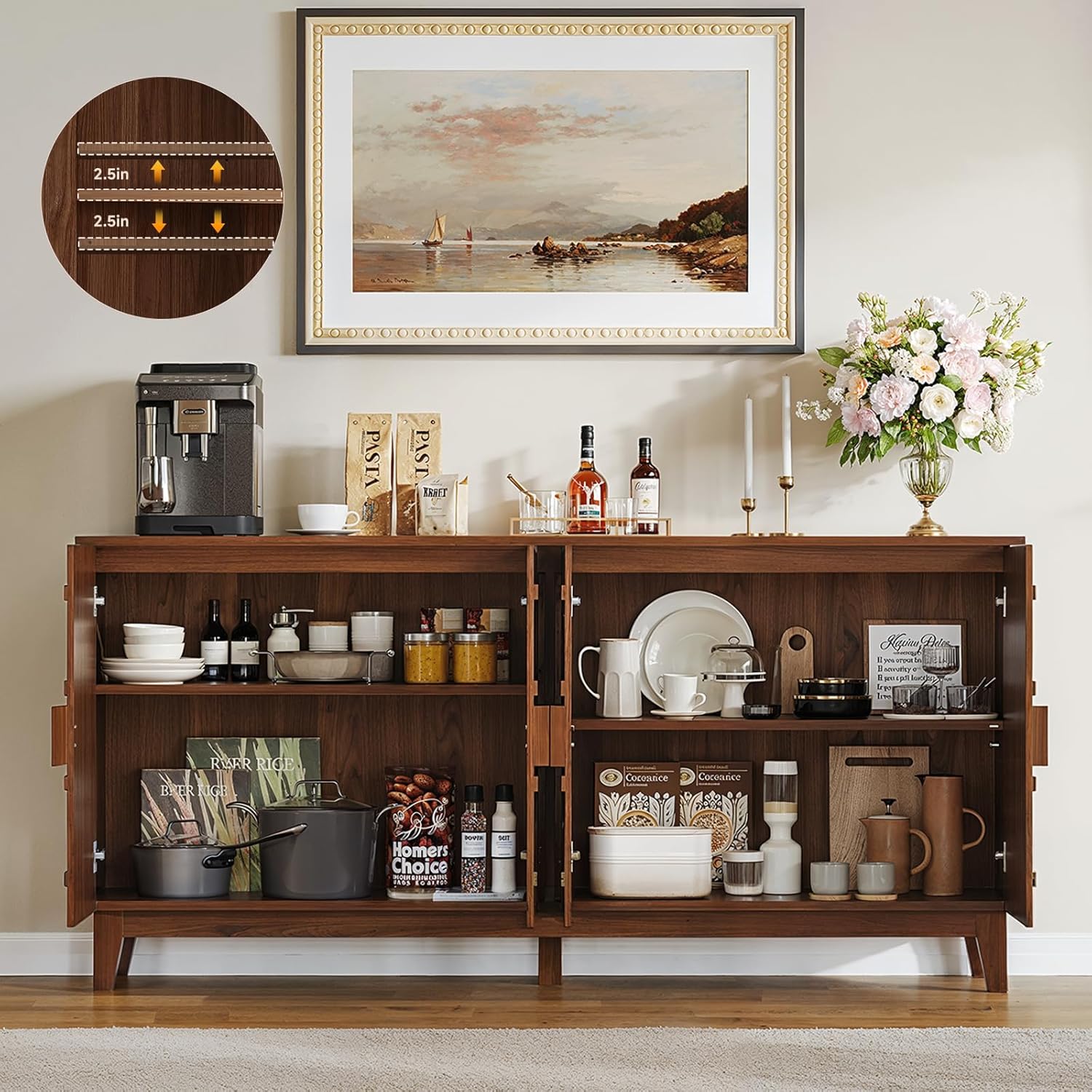 ONBRILL 63" Sideboard Buffet Cabinet with Storage, Large Buffet Cabinet with 4 Circular Panel Design Doors and Adjustable Shelves, Modern Sideboard for Living Room, Kitchen (Walnut)