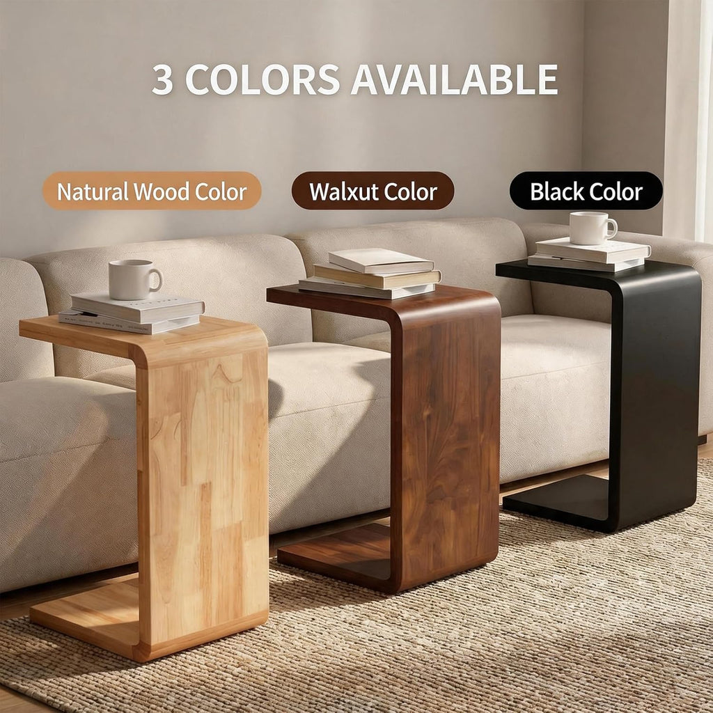 C-Shaped End Table, Wooden Narrow Couch Side Table for Laptops and Narrow Spaces, Small Solid Wood Sofa Side Table for Bedrooms, Offices Or Balconies（ 24in/27in Walnut ）(Black,B)