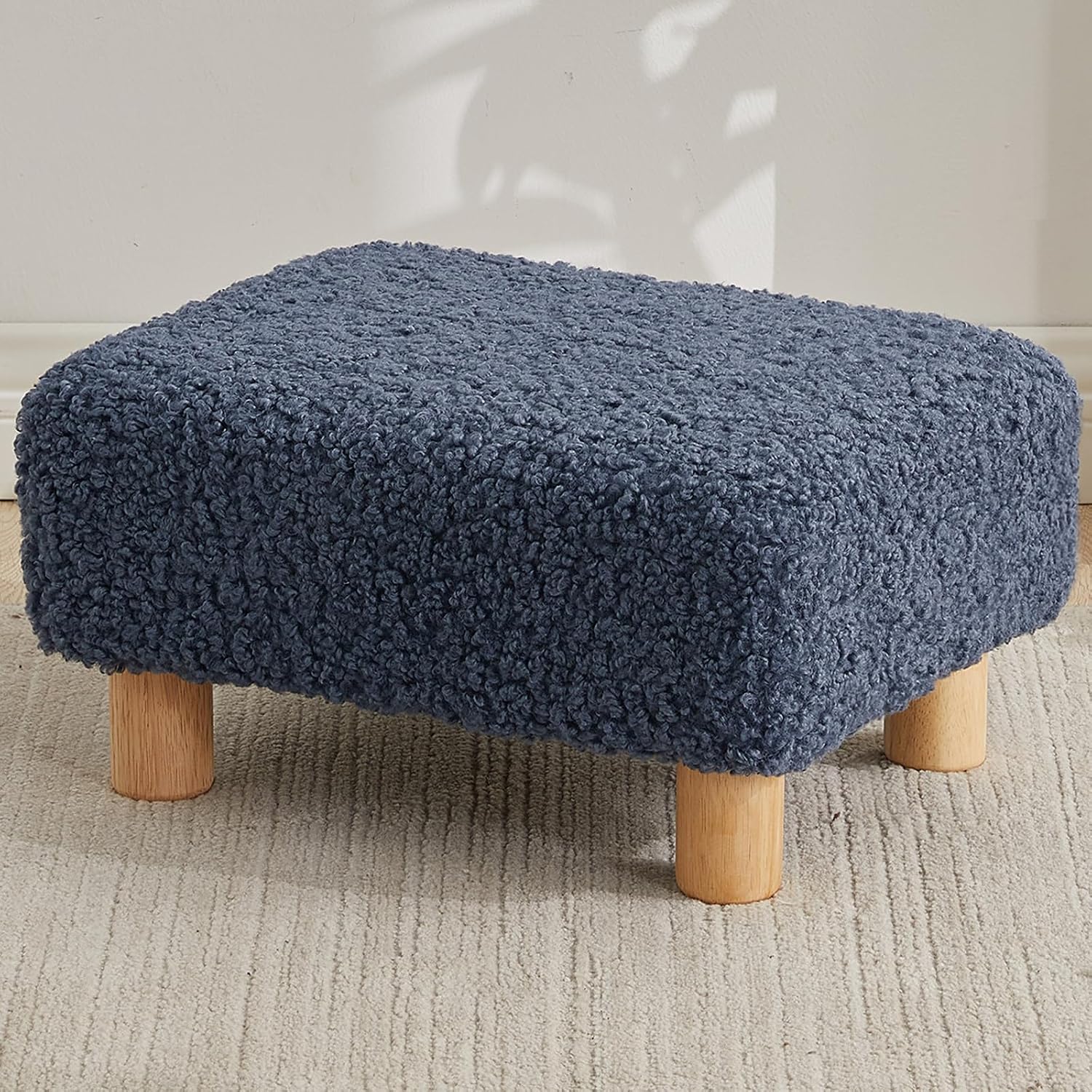 Small Foot Stool Ottoman, Sherpa Footstool Ottoman Foot Rest for Couch, Rectangle Footstools and Ottomans Small for Living Room, Entryway and Bedroom (Navy Blue)