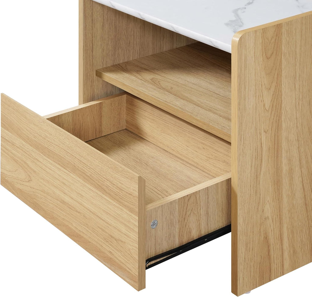 LuxenHome Nightstand with Drawer and Shelf, 18.8'' Wood Japandi Modern Accent End Table with Faux Marble Top, Night Stand with Rounded Corner, Small Bedside Table with Storage for Bedroom,Living Room