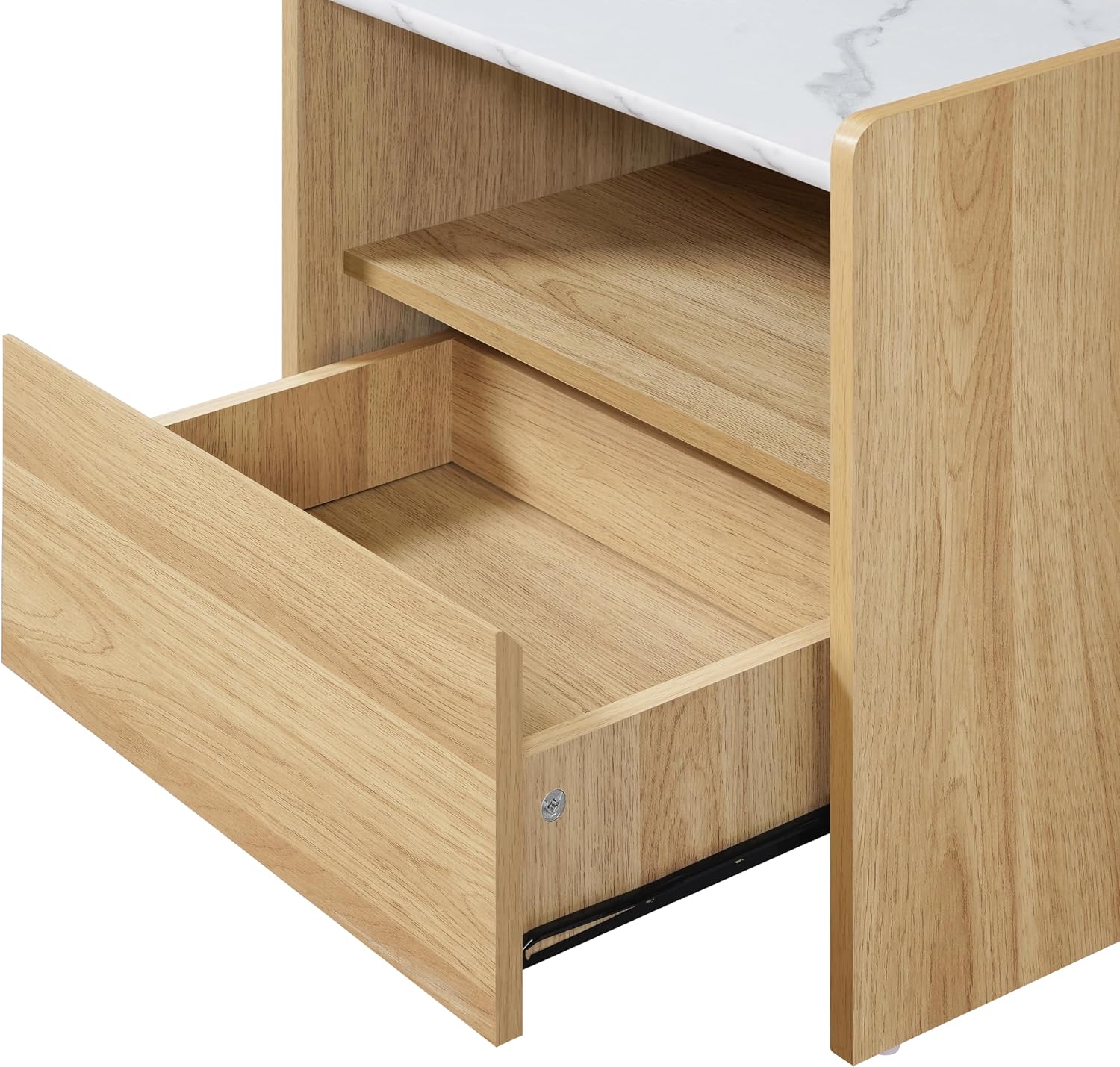 LuxenHome Nightstand with Drawer and Shelf, 18.8'' Wood Japandi Modern Accent End Table with Faux Marble Top, Night Stand with Rounded Corner, Small Bedside Table with Storage for Bedroom,Living Room