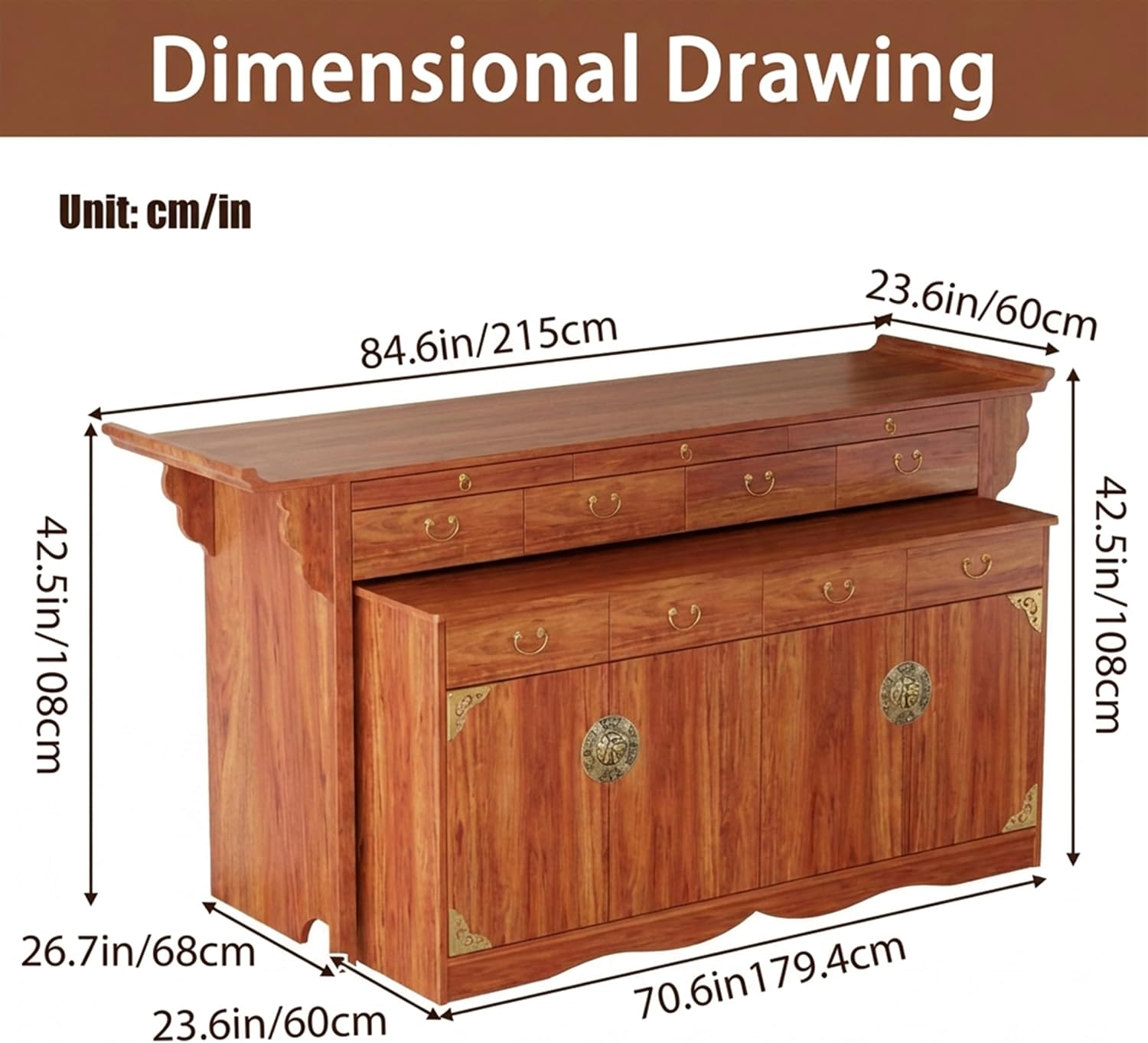 Multi-Tier Personal Shrine Altar Table with Drawer Storage, Large Wooden Buddhist Shrine Cabinet with Pull-Out Shelf, Detachable Meditation Table (Sandalwood, 84.6" L * 26.8" W * 42.5" H in)
