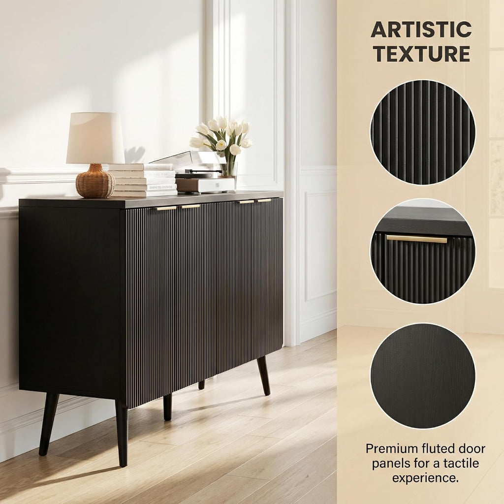 47.2" Versatile Fluted Wooden Storage Sideboard, 4-Door Buffet Cabinet with Adjustable Shelves, Functional Credenza for Living, Dining Room & Entryway Decor, Black