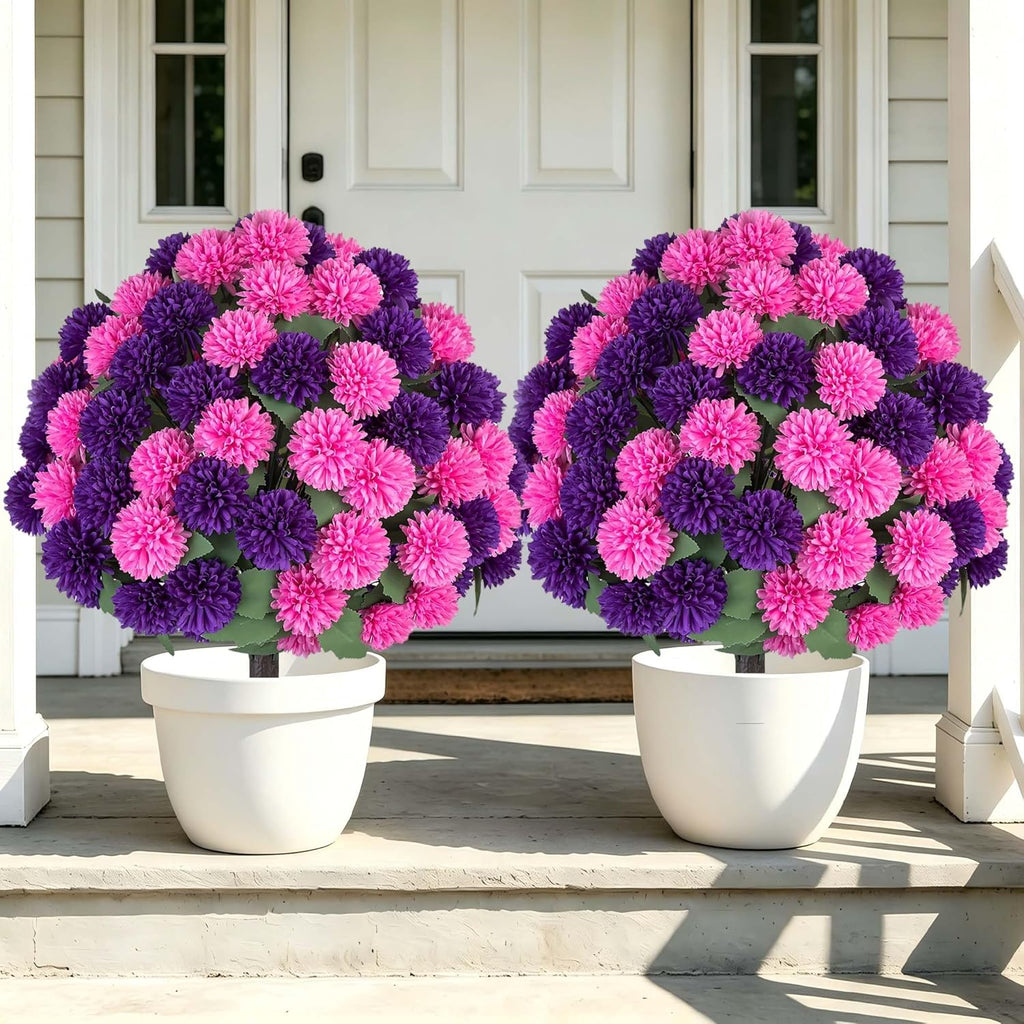 Artificial Mum Topiary Ball: 33" Fake Chrysanthemum Flower with Spike Set of 2 for Front Porch Decor - Purple Pink Faux Bushes Plants with Spike for Outdoor Indoor Garden Patio Entryway