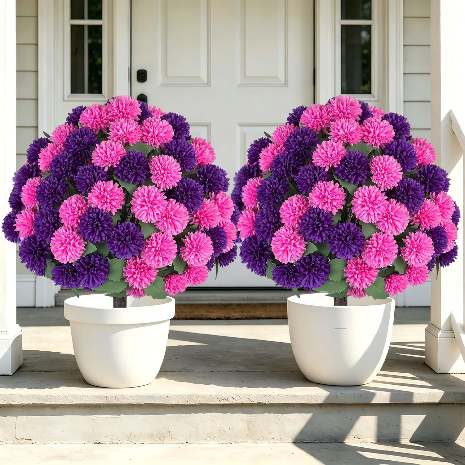 Artificial Mum Topiary Ball: 33" Fake Chrysanthemum Flower with Spike Set of 2 for Front Porch Decor - Purple Pink Faux Bushes Plants with Spike for Outdoor Indoor Garden Patio Entryway