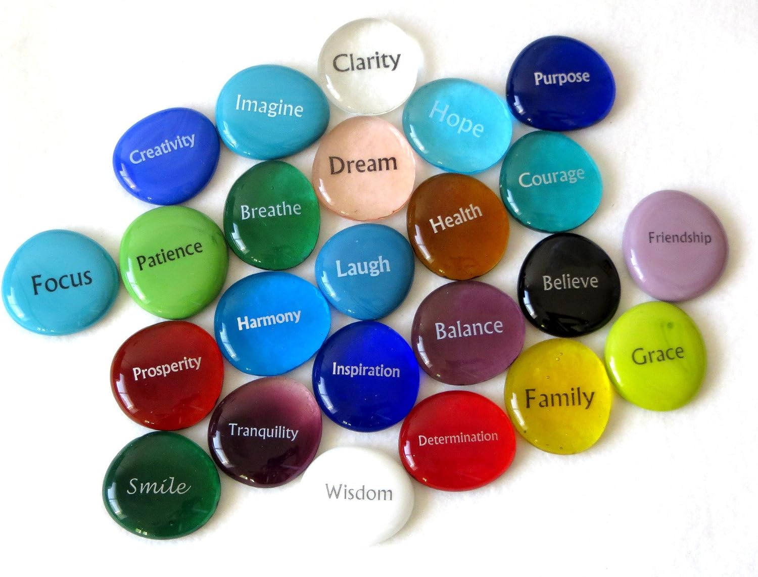 Lifeforce Glass Focus Glass Stones, 24 Inspiring, Encouraging and Motivating Single Words Imprinted on Glass Stones, Inc. Set II.