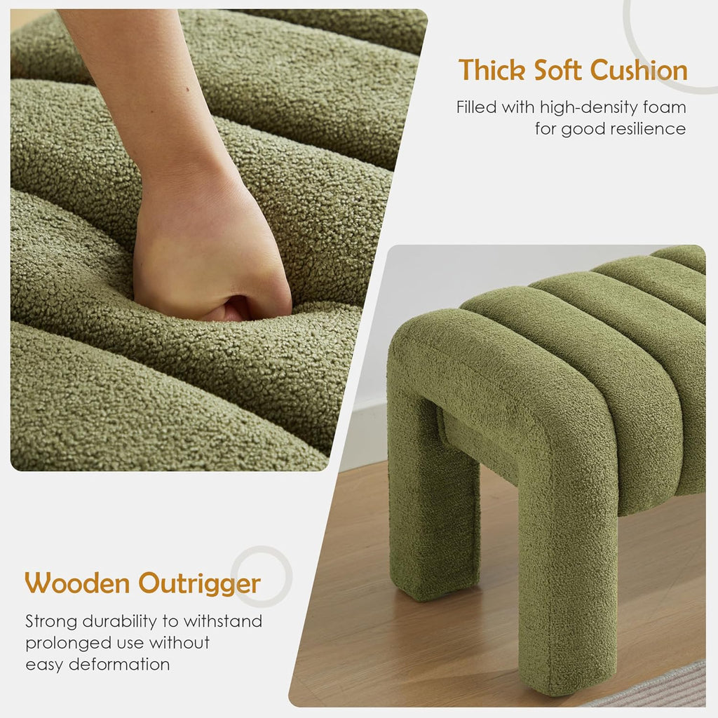 43.3" Dining Room Bench, Green Tufted Upholstered End of Bed Bench, Modern Entryway Ottoman Window Seat with Solid Wood Legs and Padded Seat for Bedroom, Hallway and Living Room (Boucle)