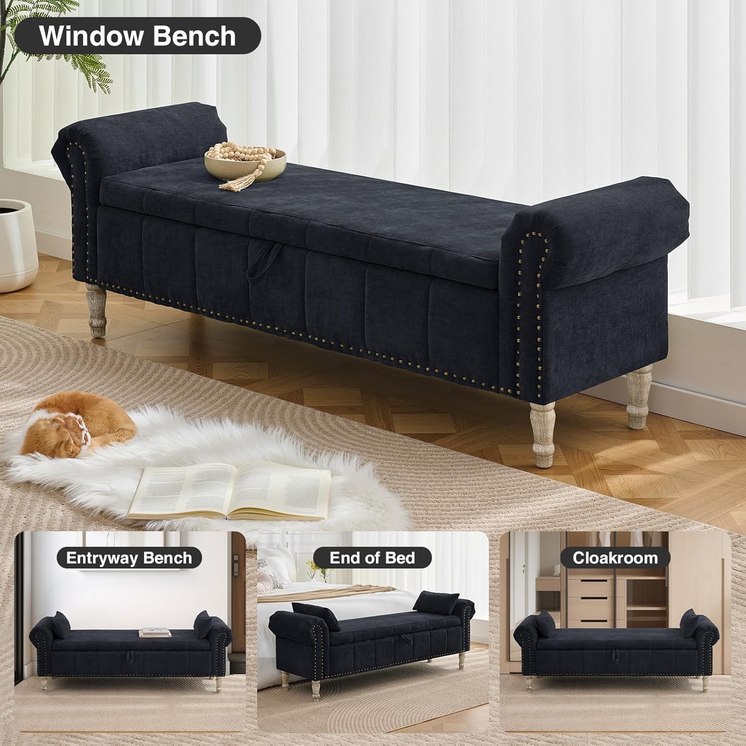 67" Storage Bench for Bedroom End of Bed King Size, Bedroom Bench with Storage for Foot of Bed, Upholstered Storage Benches with Nailhead Trim and Pillows, Linen Black