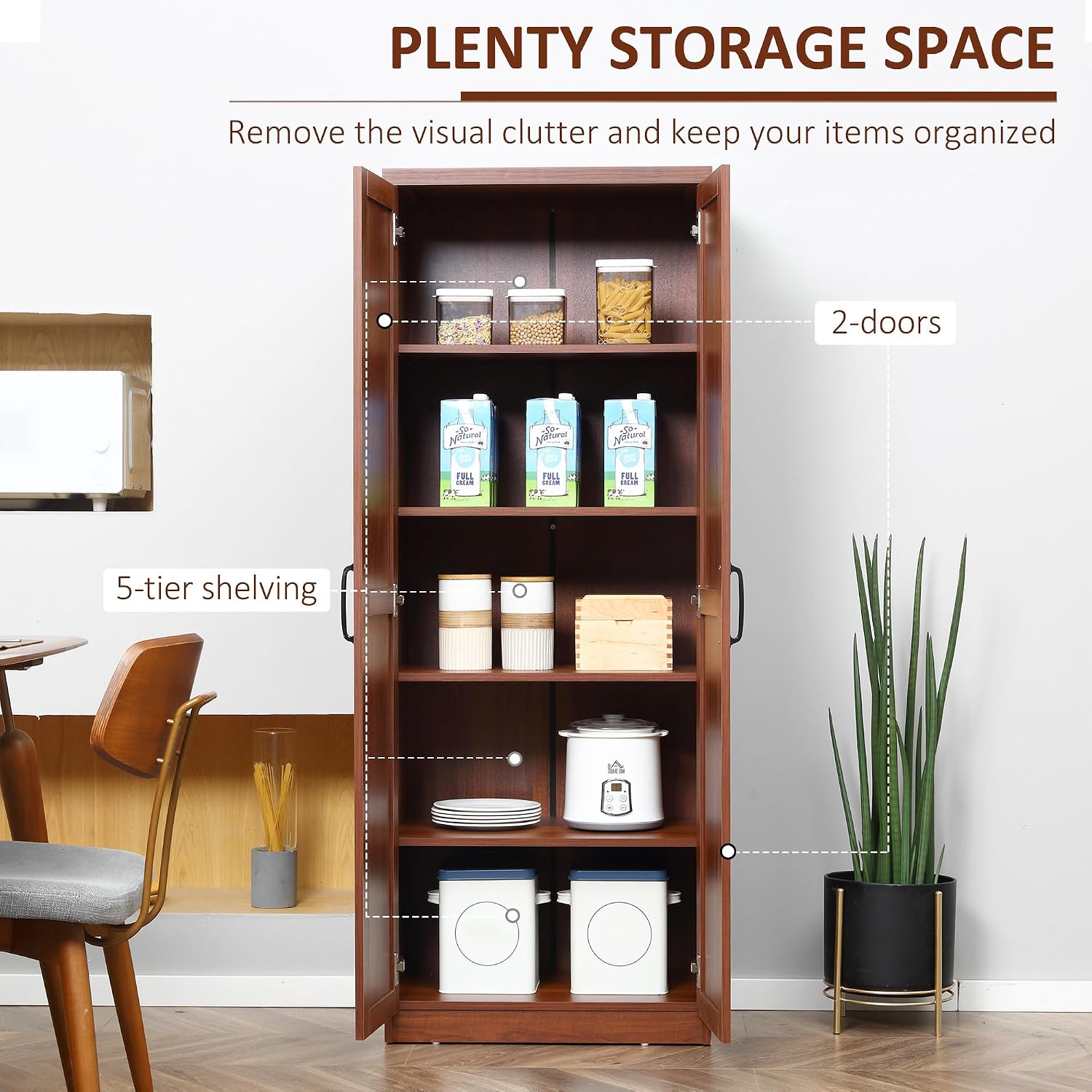 HOMCOM 63" 2-Door Kitchen Pantry, Freestanding Storage Cabinet with 5-Tier Shelving and 2 Adjustable Shelves for Dining Room, Brown