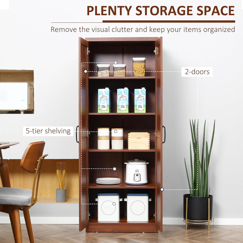 63" 2-Door Kitchen Pantry, Freestanding Storage Cabinet with 5-Tier Shelving and 2 Adjustable Shelves for Dining Room, Brown,15.8 * 23.5 * 63