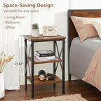 VECELO End Table, 24" Tall Wood Living Room X-Design Reinforced Side Tables, Nightstands with 3-Tier Wood Storage Shelves for Small Spaces, Office, Bathroom, Bedroom, Retro Brown, 2 Pack