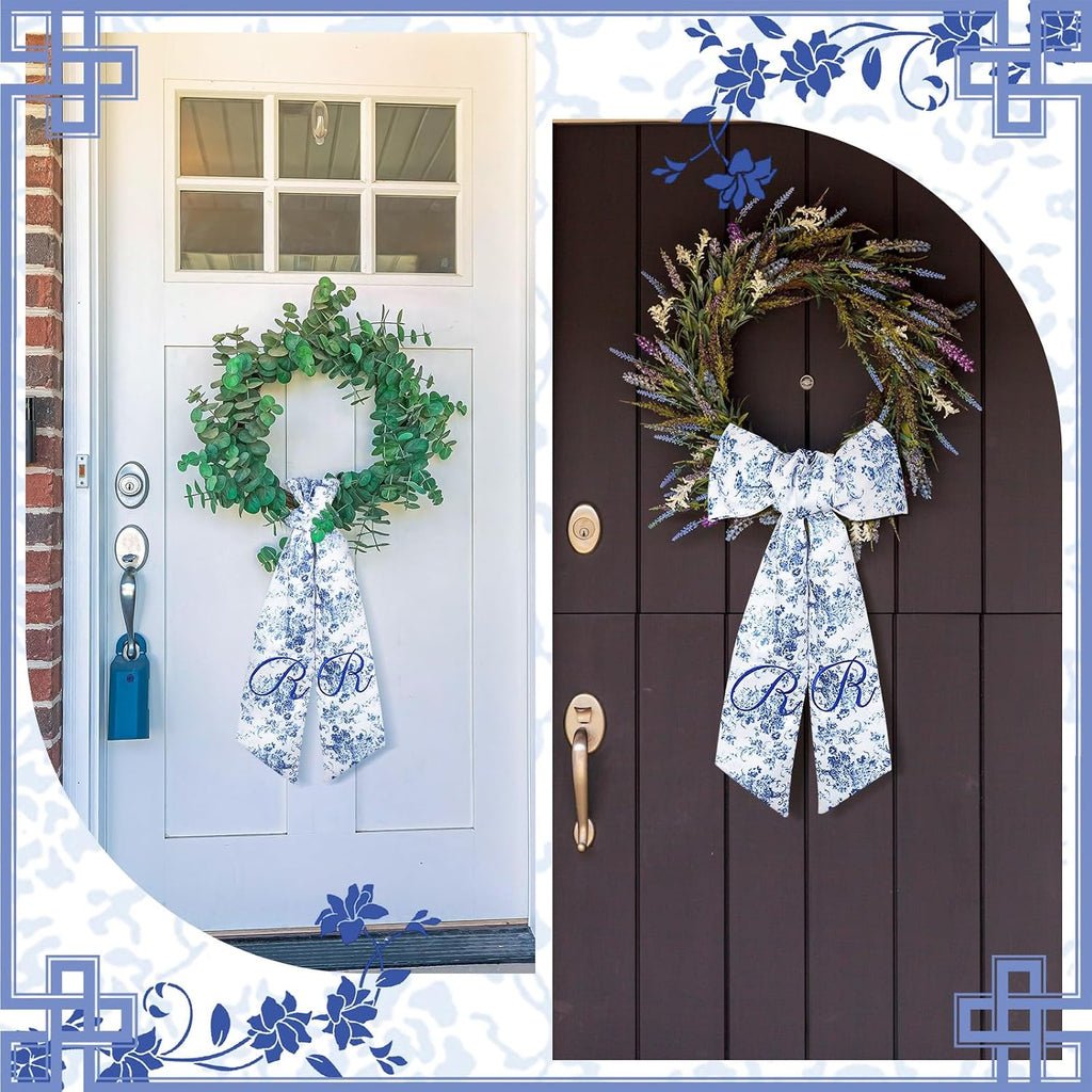 Mindsoft 2 Pcs Monogram Wreath Sashes for Front Door Letter R Embroidery Chinoiserie Wreath Sash 56.2 Inch Blue and White Door Decorations for Porch Yard Bridal Shower Housewarming Gift