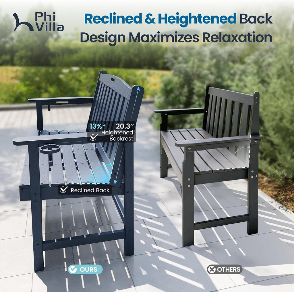 PHI VILLA 50 Inches HDPE Outdoor Bench Weatherproof Garden Bench with 700 lbs Capacity, 2-Person Patio Benches for Outside, Park, Yard and Porch, Navy Blue