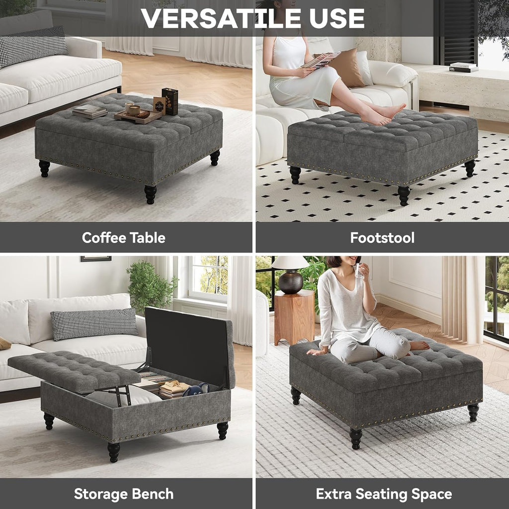 35" Extra Large Storage Ottoman Coffee Table, Tufted Upholstered Coffee Table with Lift Top & Solid Wood Legs,Oversized Storage Ottoman for Living Room, Gray