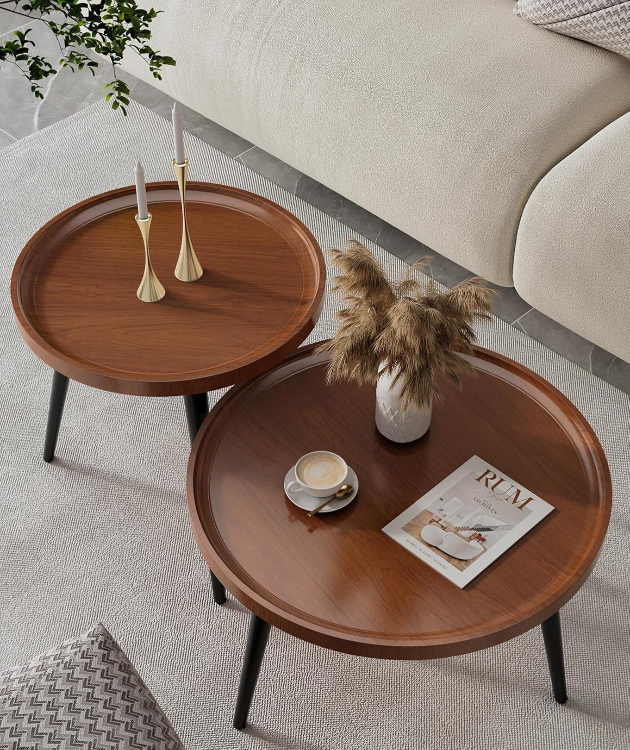 2-Piece Walnut Coffee Table,Durable Mid Century Small Round Coffee Tables for Living Room,Easy Assembly Modern Nesting Coffee Tables Set,Circle Side Tables for Sofa Bedside Balcony