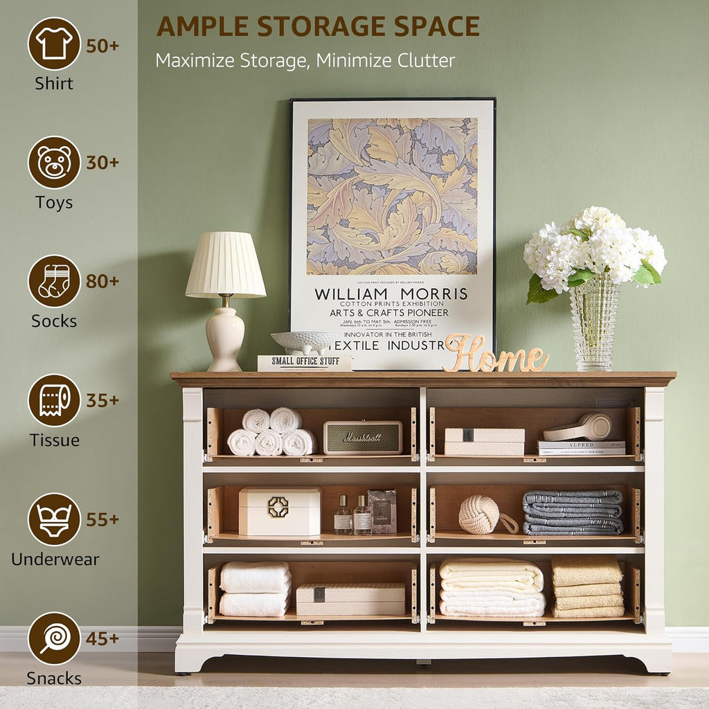 6 Drawers Dresser for Bedroom 54" Wide Wood Nursery Dressers w/Roman Column | Large Dressers & Chests of Drawers, Wooden Dresser TV Stand for Nursery Bedroom Living Room Hallway, Antique White