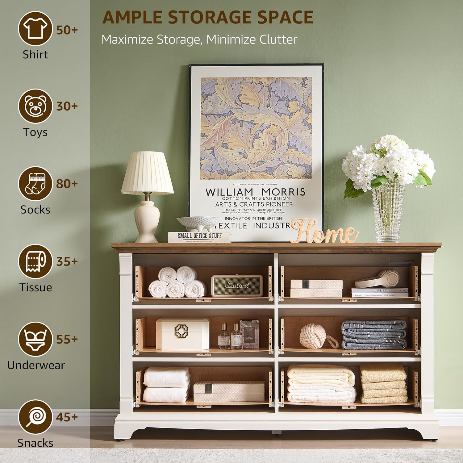 6 Drawers Dresser for Bedroom 54" Wide Wood Nursery Dressers w/Roman Column | Large Dressers & Chests of Drawers, Wooden Dresser TV Stand for Nursery Bedroom Living Room Hallway, Antique White