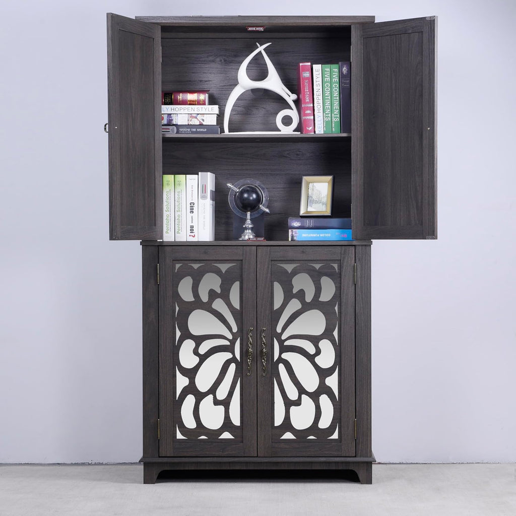 JIJIWANG Kitchen Pantry Storage Cabinet with Acrylic Mirrored Doors,Large Sideboard Buffet with Adjustable Interior Shelf,for Dining Room, Living Room, Hallway,Brown
