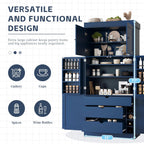 Merax 77'' Tall Freestanding Kitchen Pantry, 35''Lx17.7''W Modern Shaker Style Cupboard Storage Cabinet with Adjustable Shelves,Door Shelves, Drawers and Wine Racks, Blue
