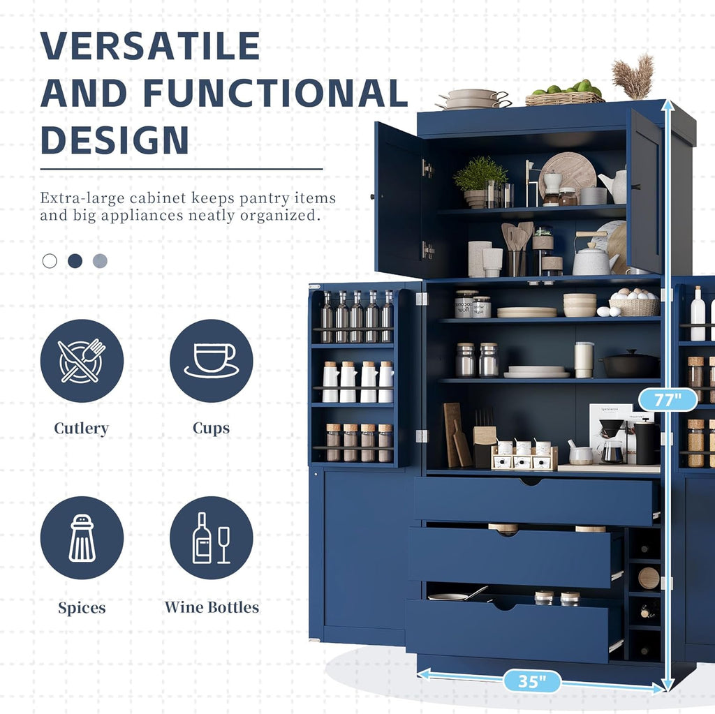Modern Shaker Style Kitchen Pantry, 77'' Tall Freestanding Cupboard with Adjustable Shelves, Door Shelves, 3 Drawers and Wine Racks, Versatile Pantry Cabinet with Storage for Dining Room, Blue