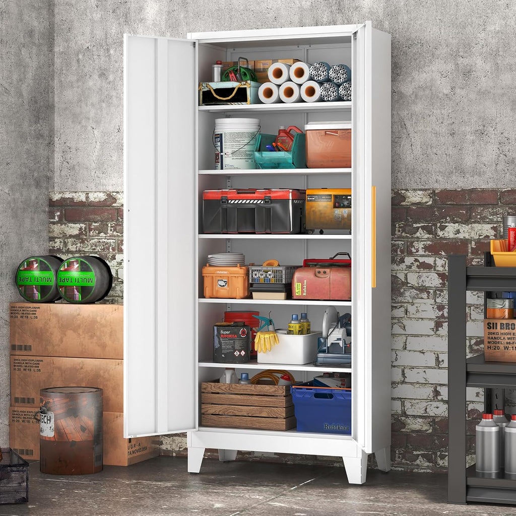 75.3" Tall Metal Kitchen Pantry Storage Cabinet with 5 Adjustable Shelves & 2 Doors, Large Freestanding Organizer Cabinet for Kitchen, Bathroom,Diningroom（White）
