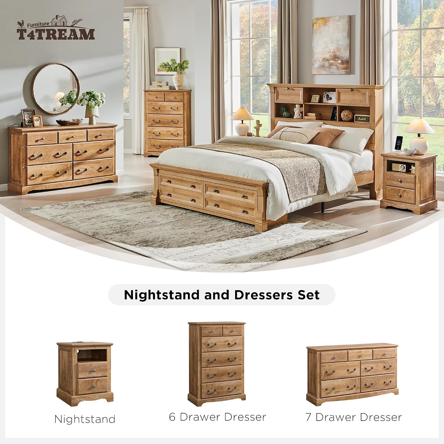 T4TREAM 18" Vintage Nightstand with Charging Station, Light Knotty Oak | Rustic 2 Drawers & Open Storage Shelf Wood Rustic Sofa Side Table
