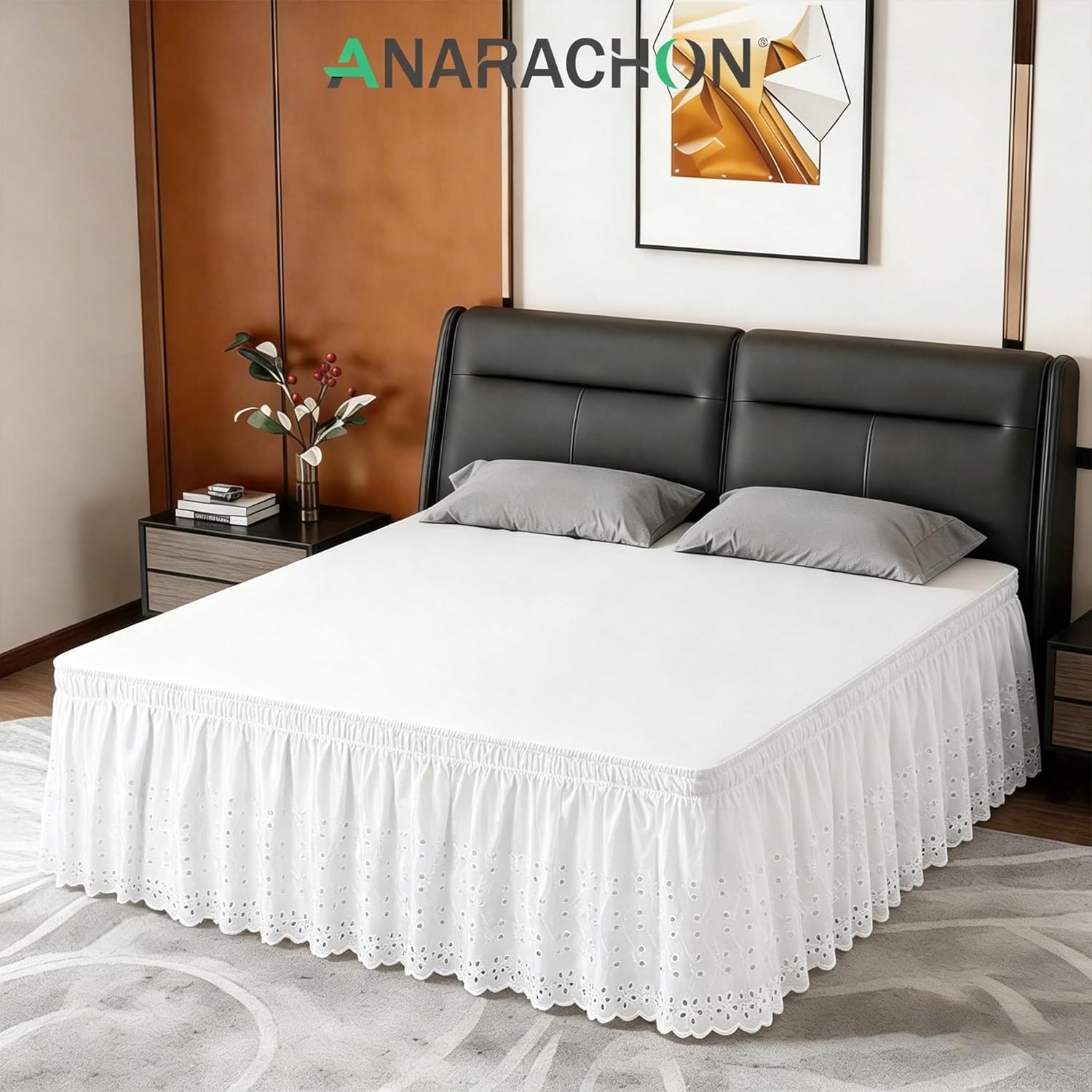 ANARACHON Full Bed Skirt, Wrap-Around Elastic Ruffled Eyelet Bed Skirt Full Size Dust Ruffle with Gathered Styling and Embroidered Details, 18" Drop Length (White)