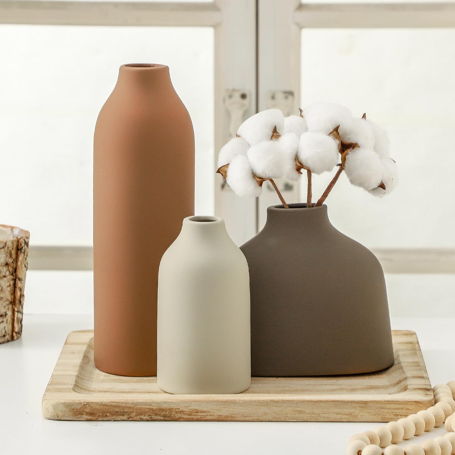 Enra Modern Ceramic Vase Set of 3 for Living Room Decor Centerpiece,Cute Small Farmhouse Rustic Pottery Vases for Pampas Grass, Dried Flowers, Artificial Plants,Tabletop Accents for Bookshelf Entryway