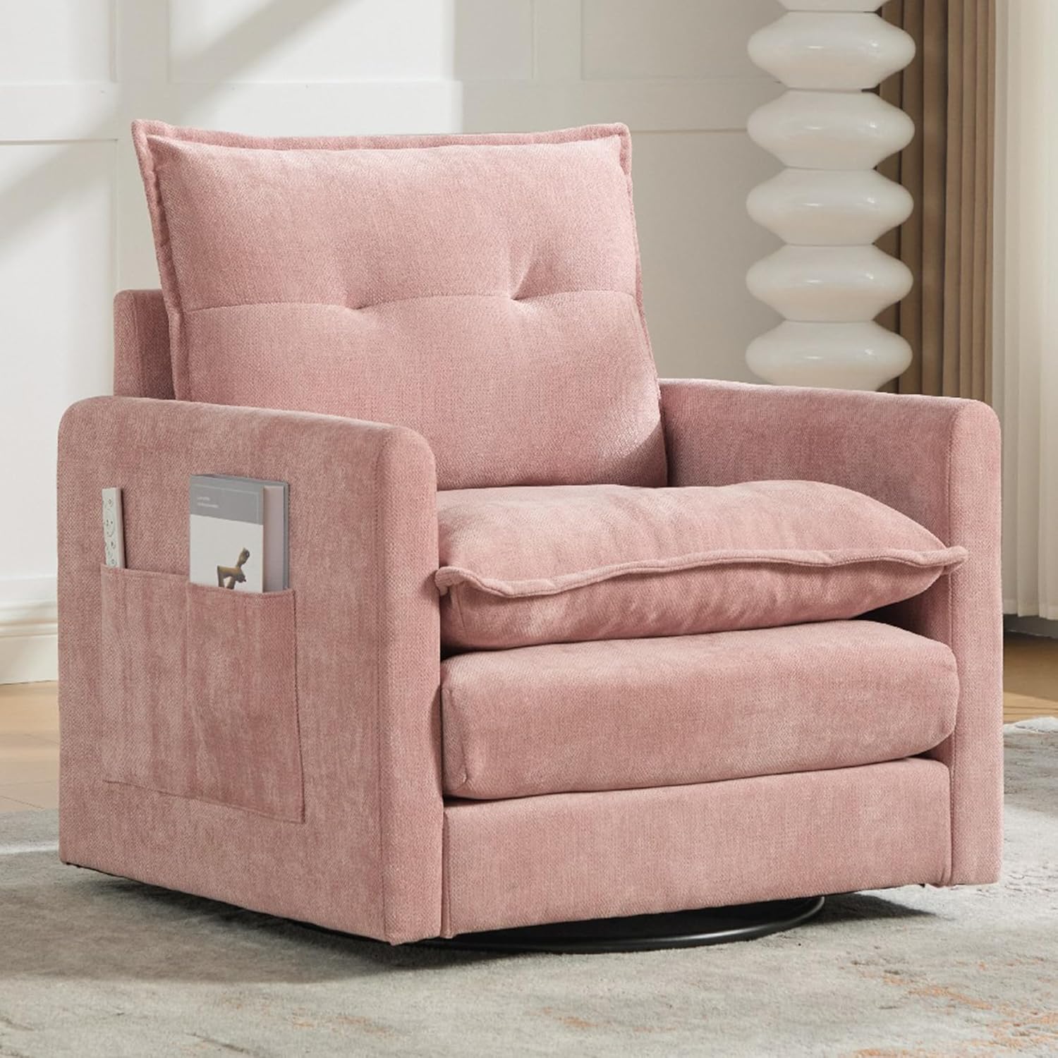Swivel Accent Chair Set of 2, Modern Swivel Barrel Chair for Living Room, 360 Degree Comfy Square Accent Barrel Chair, Upholstered Sofa Armchair for Bedroom,Reading, Chenille, Pink