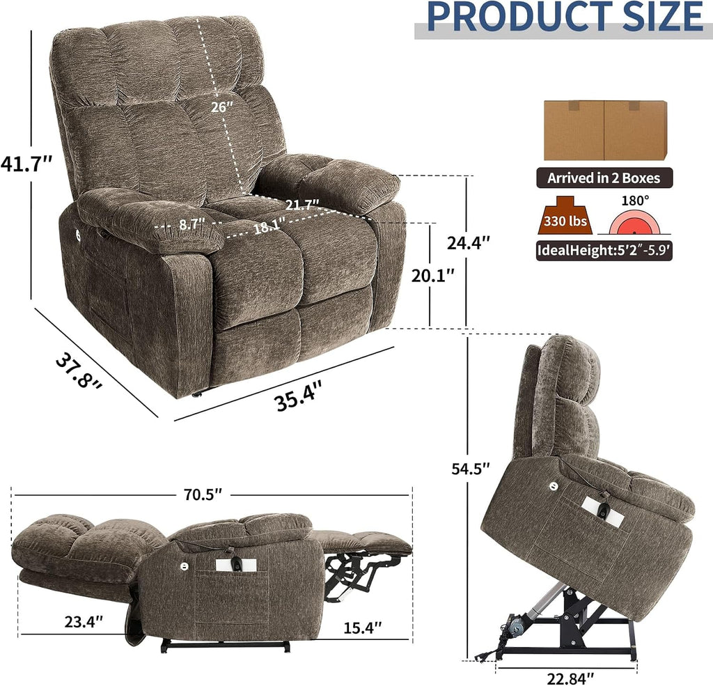 Lay Flat Sleeping Dual Motor Lift Recliner Chair with Massage and Heating for Elderly,Infinite Position Soft Fabric Power Electric Recliner Chair (Brown-180-Lay Flat-No Cup Holder)