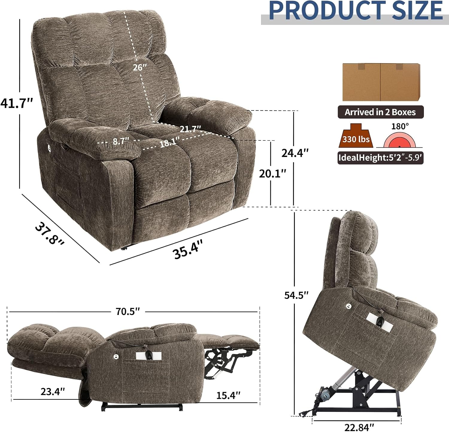 Lay Flat Sleeping Dual Motor Lift Recliner Chair with Massage and Heating for Elderly,Infinite Position Soft Fabric Power Electric Recliner Chair (Brown-180-Lay Flat-No Cup Holder)