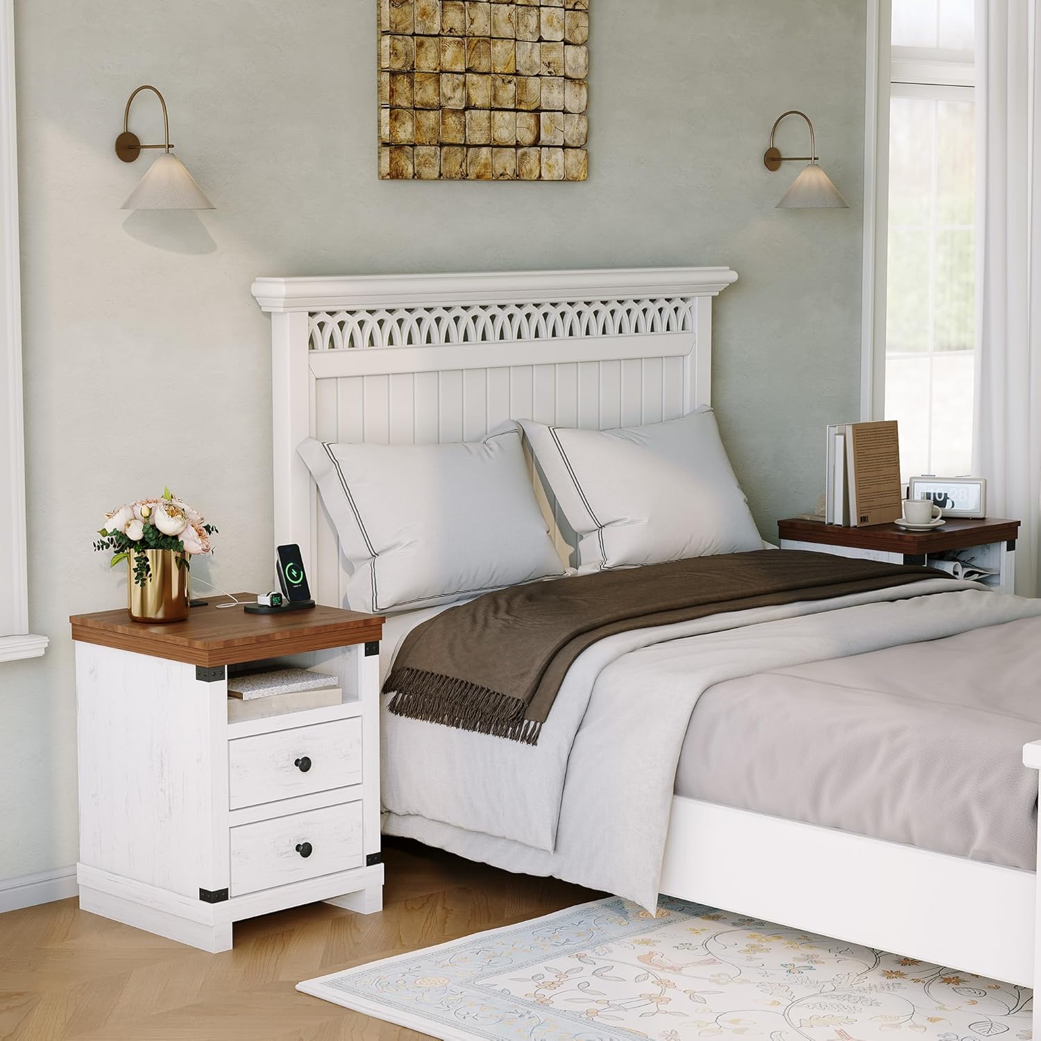 Garvee Farmhouse Nightstand with Charging Station, Set of 2 Modern Bedside End Table with 2 Drawers, USB Ports & Outlets, White Accent Table for Bedroom & Living Room, 18.11" w