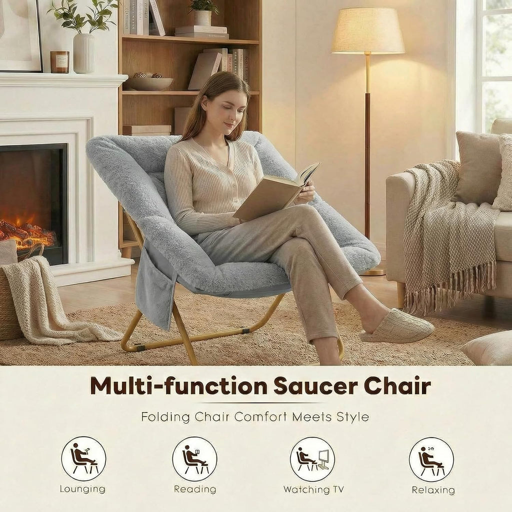 Folding Saucer Chair, Comfy Reading Chair with Soft Thick Padded Seat | Plush Faux Fur Lounge Chair for Small Space, Bedroom, Dorm, Living Room, X-Large Lazy Chair for Adults Teens Kids