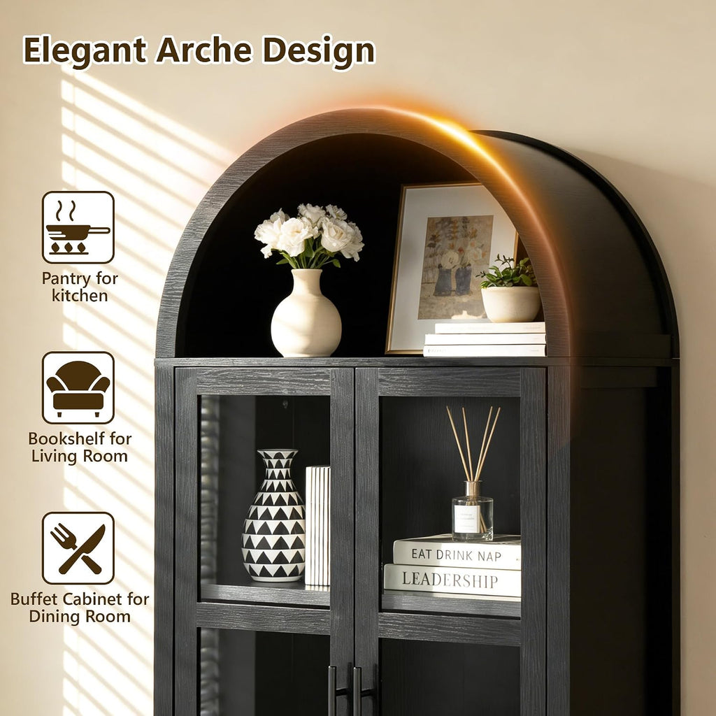 leovanni Arched Kitchen Pantry Cabinet with Tempered Glass Doors, 72" Tall Hutch Storage Cabinet with Adjustable Shelves, Glass Display Bookcase for Dining Room or Living Room, Black