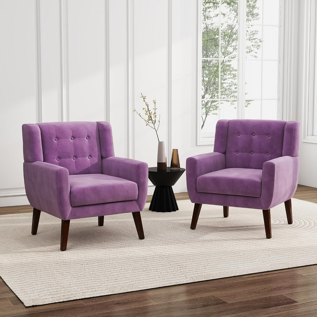 Velvet Accent Chair, Morden Upholstered Armchair for Living Room, Button Tufted Bedroom Side Reading Seat - Purple