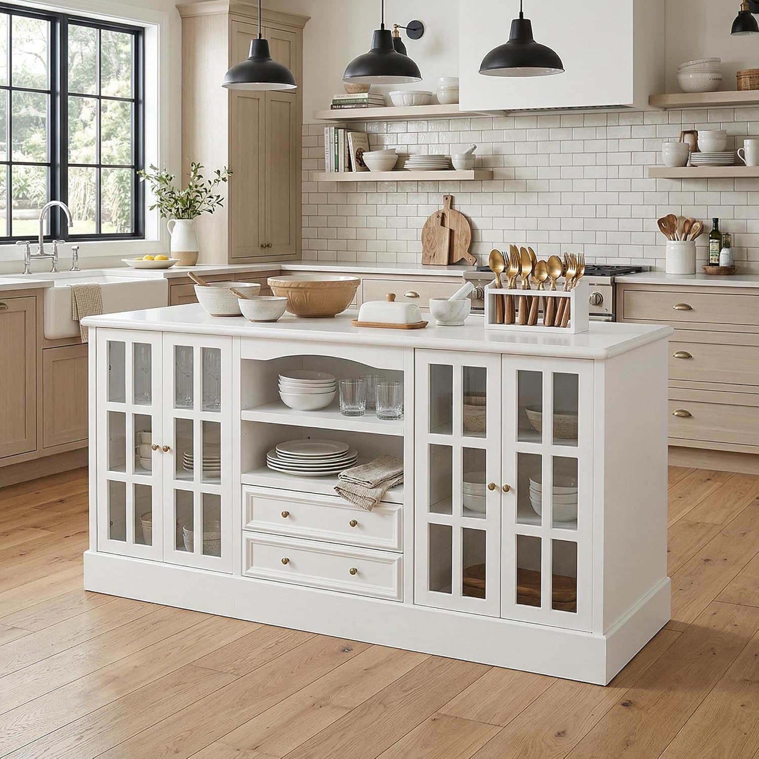 WOODTIME 78.7" W Kitchen Island with 4 Glass Doors, 8 Shelves & 2 Drawers, Farmhouse Kitchen Prep Table Stationery Storage Cabinet with Spacious Countertop & Vintage Handles for Dining Room, White