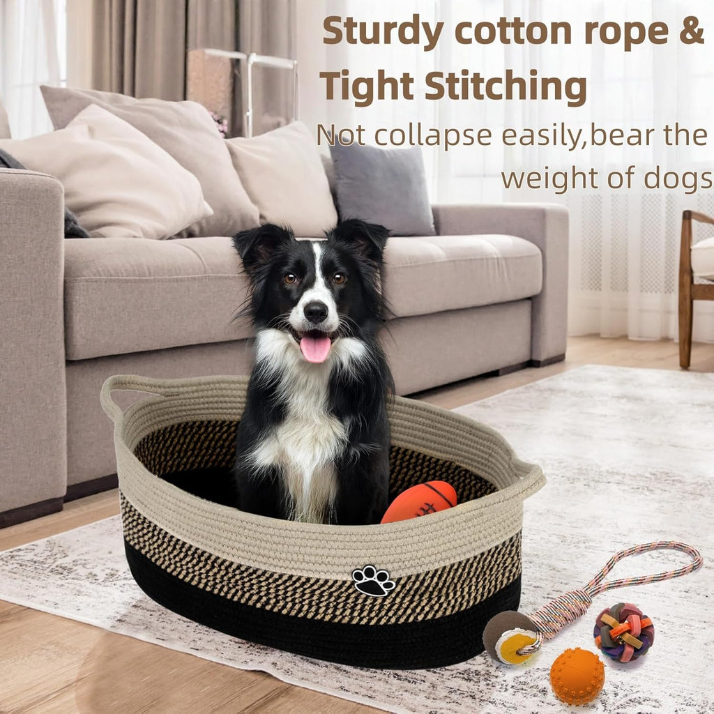 Optish 40L Extra Large Dog Toy Basket, XL Toy Storage Box and Bin with Handles, 20" x 14" x 9" Woven Cotton Rope Foldable Basket for Blankets, Living Room, Bedroom, Home Decor, Black & Brown