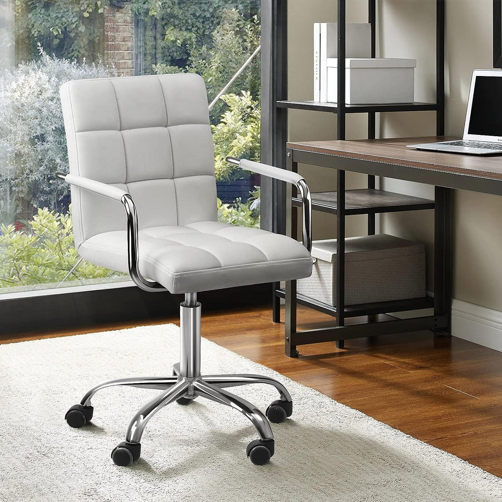 Kemon Office Chiar Desk Chair with Armrests/Wheels Pu Leather Mid Back Adjustable Height Computer Chair for Teens/Students 360°Swivel Rolling Tast Chair(White)