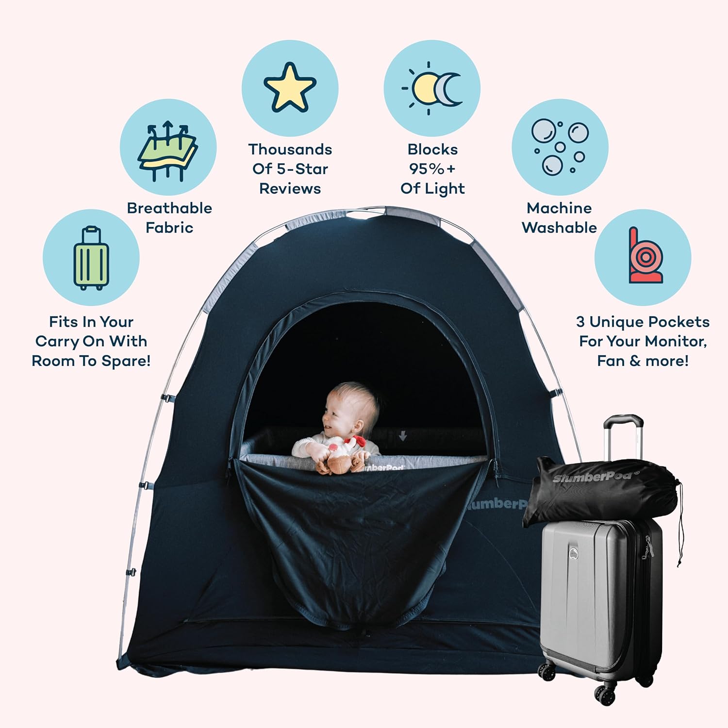SlumberPod The Original Blackout Sleep Tent Travel Essential for Babies and Toddlers, Mini Crib and Pack N Play Cover, Sleep Pod for Kids with Monitor Pouch and Fan Pouch, Blocks 99% Light, Black