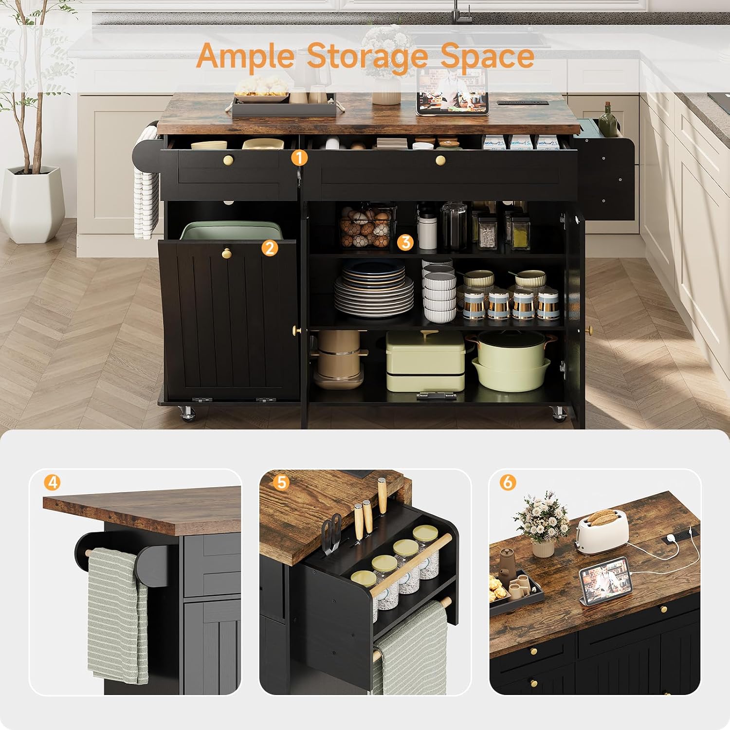 ComfyCorner 60" Rolling Large Kitchen Island on Wheels with Extendable Table, Drop Leaf & Power Outlet, Mobile Kitchen Cart with Storage Cabinet, 2 Drawers, Spice Rack, Towel & Knife Holder, Black