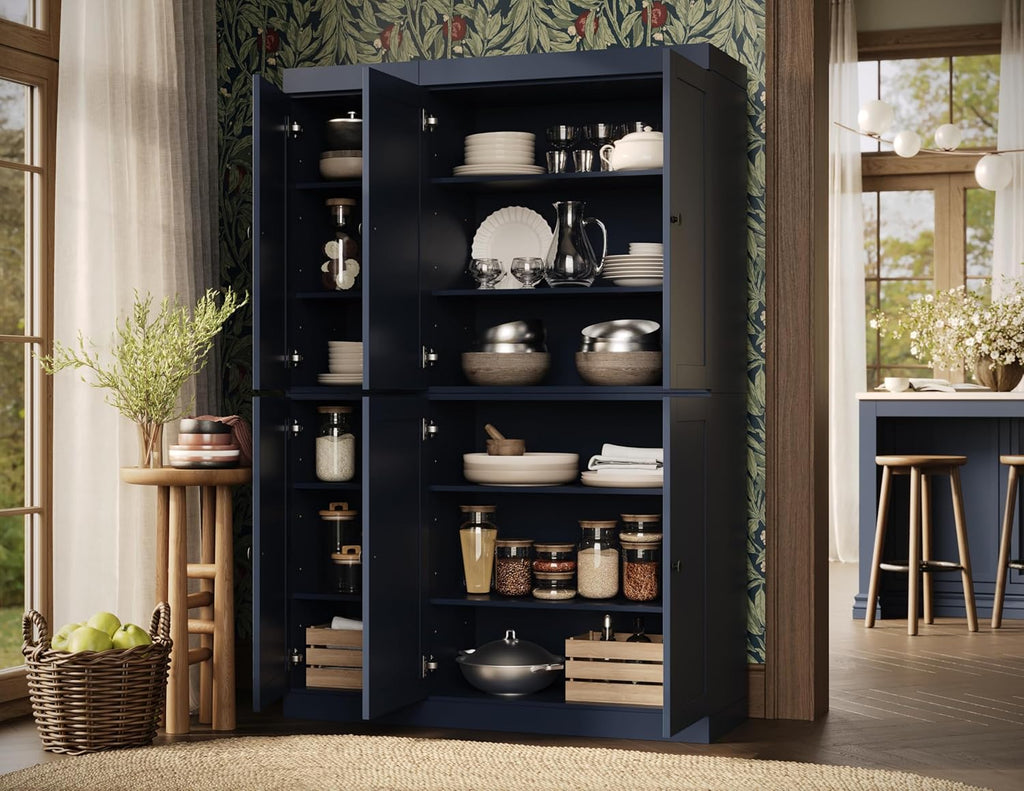 Palace Imports Solid Wood Kitchen Pantry Cabinet - 71.5" H x 48.5" W - Wooden Storage Cabinet w/ 6 Shaker Doors & 8 Adjustable Shelves - Antique Blue, 100% Renewable Eco-Friendly Wood, Made in Brazil