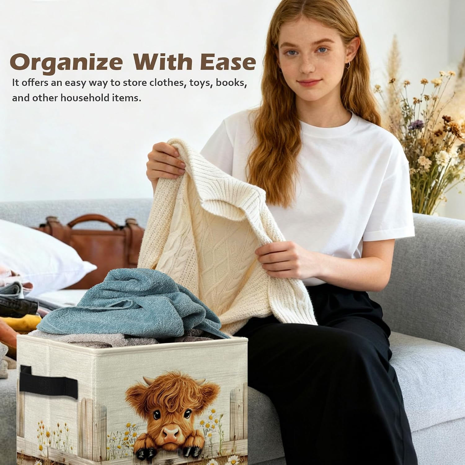 Farmhouse Highland Cow Storage Box Bins, Rustic Daisy Floral Heifer Collapsible Storage Basket Organizer for Girls Bedroom Laundry Room Home Clothes Books, Decor for Room