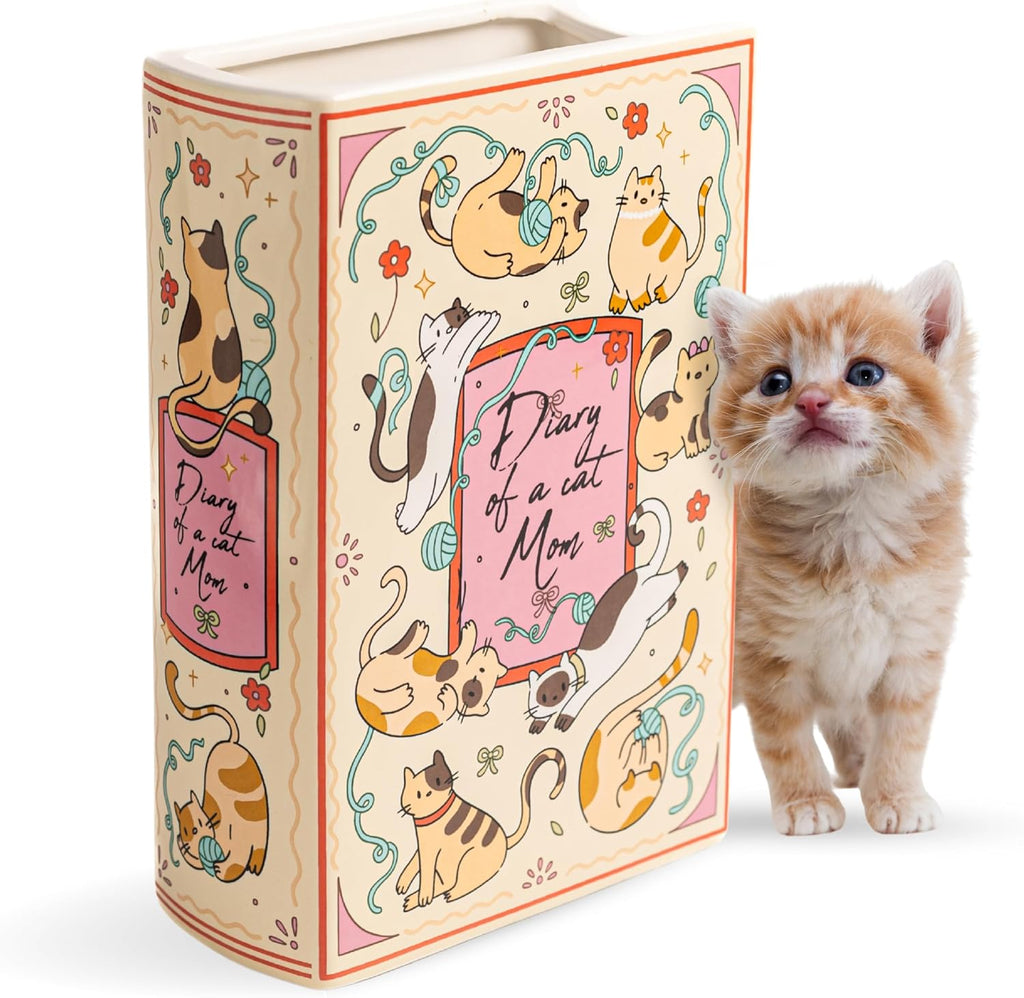 Occasionals Book Shaped Ceramic Vase, for Home Decor, Cute Bookshelf Decor, Unique Gift for Book Lovers, Readers, Cat Lovers and Cat Mom. Decorative Flower Vase for Home Office, Kitchen, Bookshelf