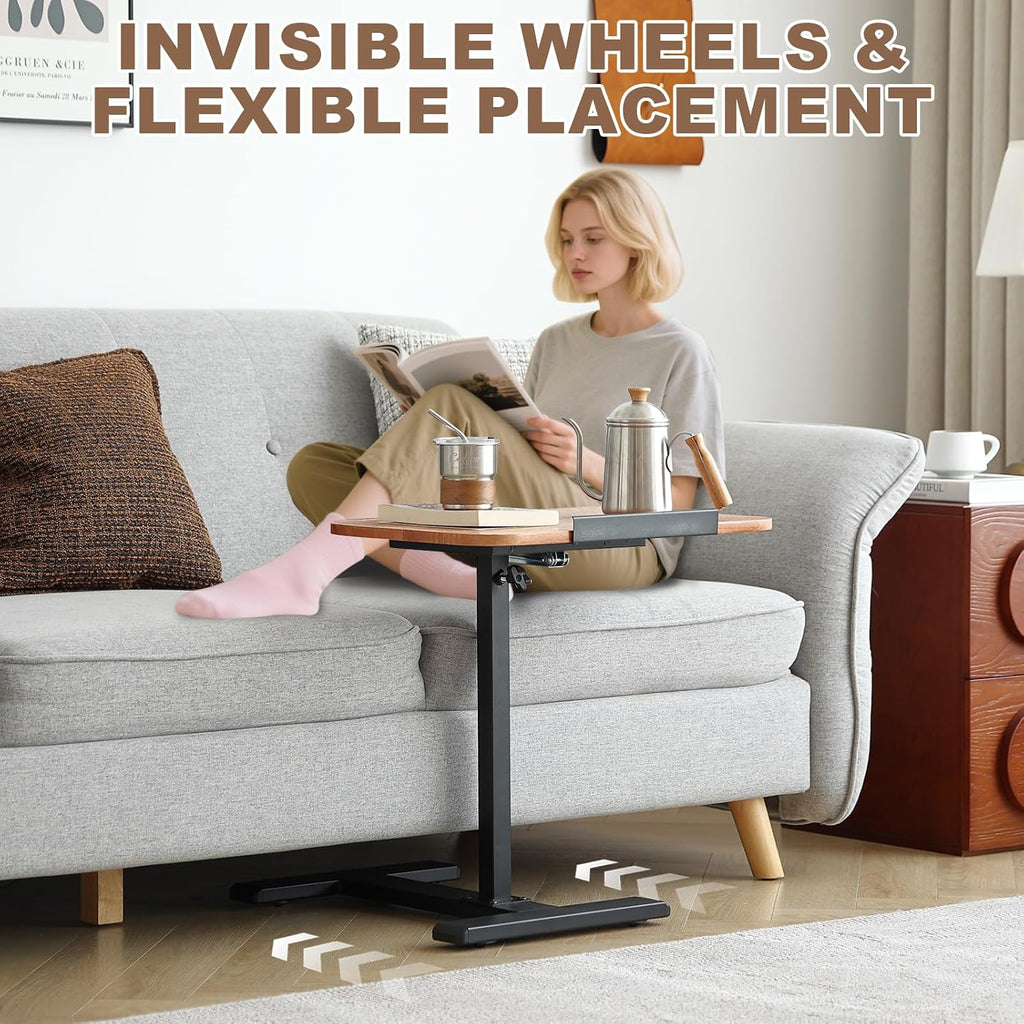 Solid Wood C-Shaped Side Table,360° Rotating TV Tray Table,Height-Adjustable,Sliding Sofa Table,Rolling Laptop Desk for Living Room and Bedroom Use with Sofa,Bed,Chair-Pale Walnut