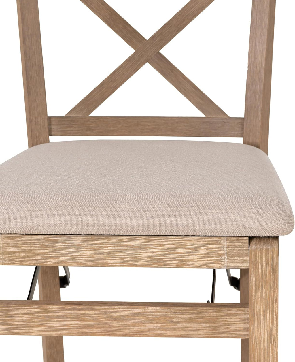 Linon Triena X Back Neutral Greywash Wooden Fully Assembled Folding 24 Inch Seat Height Counter Stool with Beige Upholstered Seat