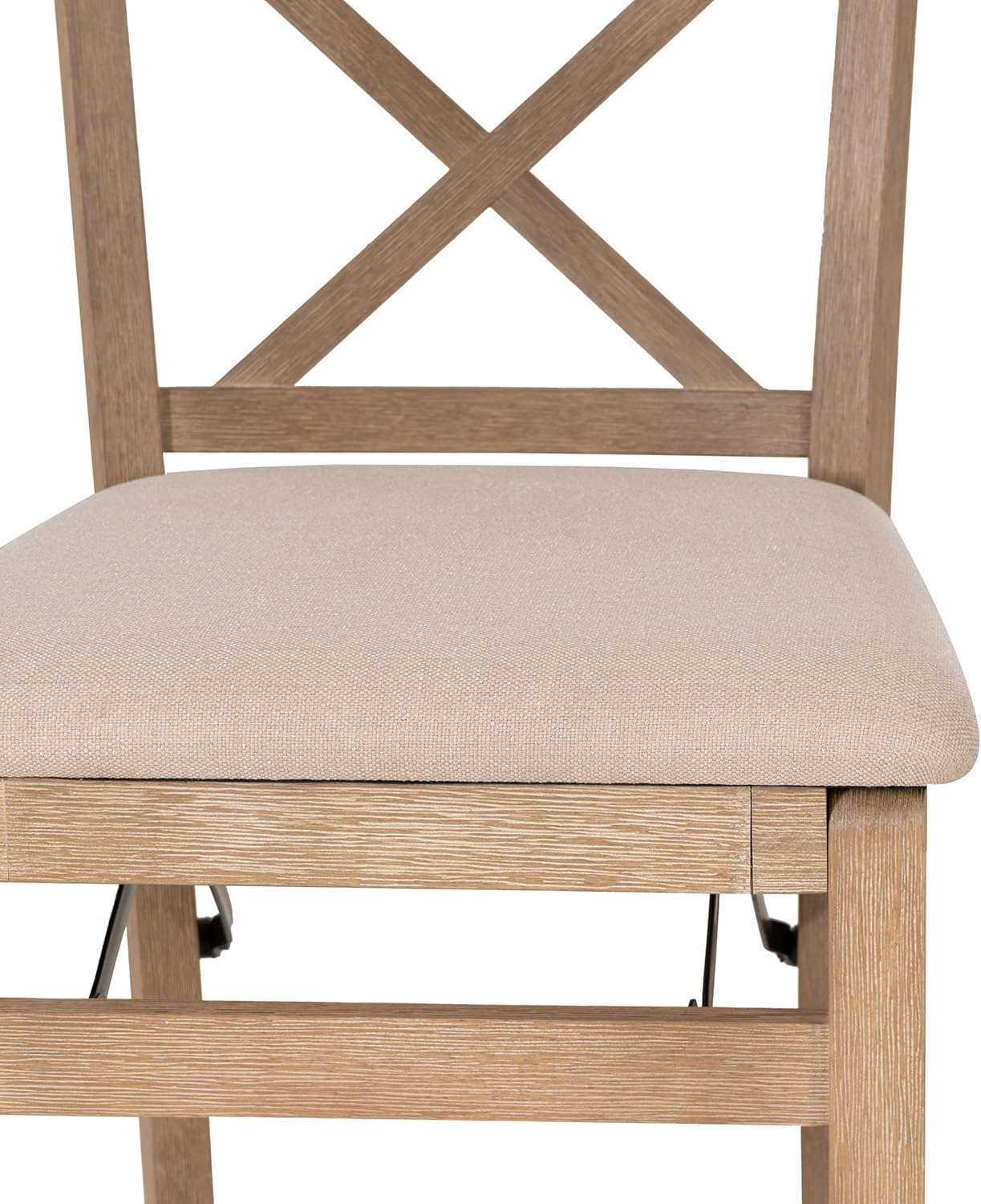Linon Triena X Back Neutral Greywash Wooden Fully Assembled Folding 24 Inch Seat Height Counter Stool with Beige Upholstered Seat