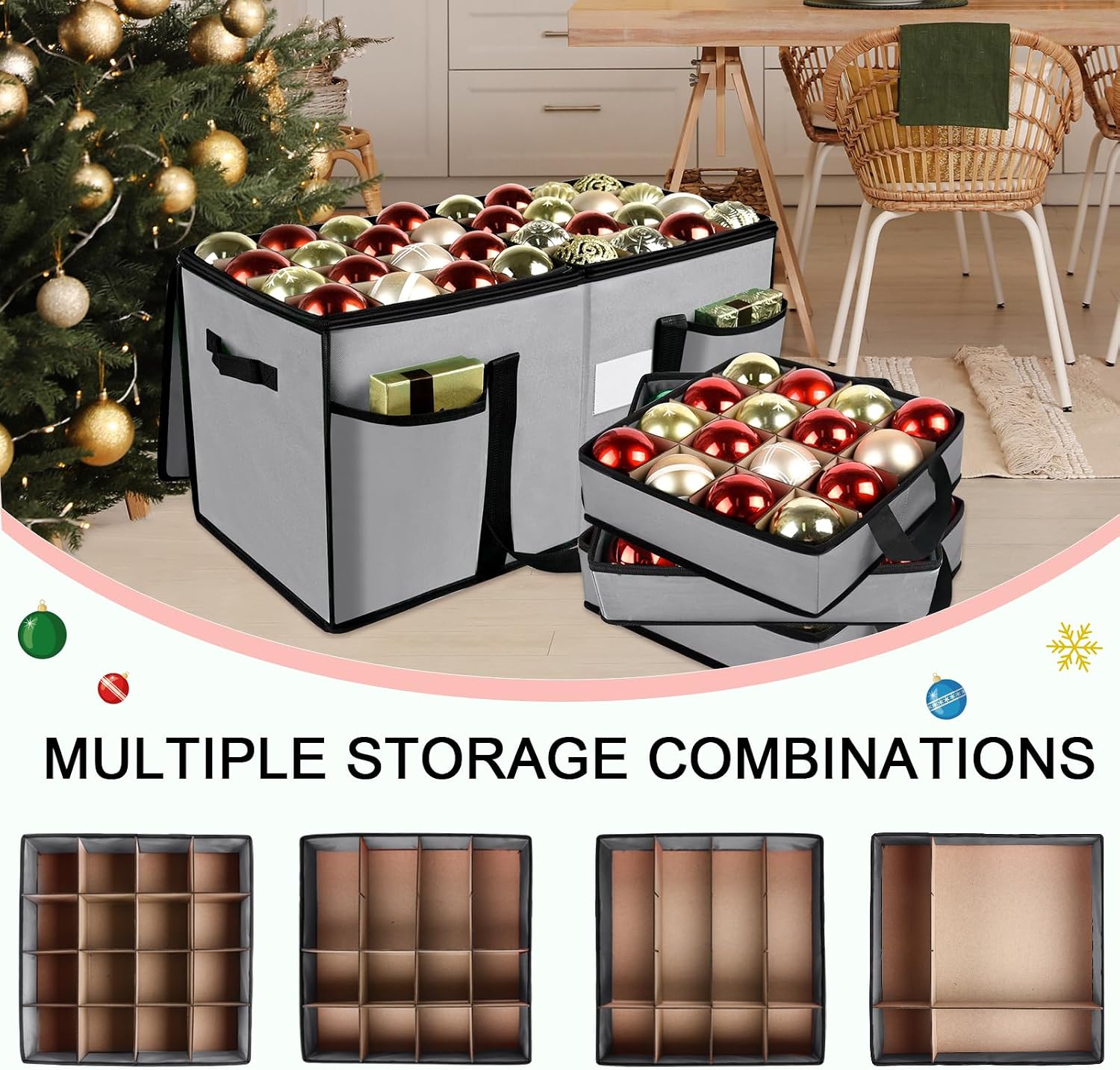 Christmas Ornament Storage Box with Dividers, Christmas Balls Storage Containers with Zipper & 8 Removable Trays, Holds Up to 128 Balls - 600D Oxford Christmas Decoration Storage Organizer (Gray)