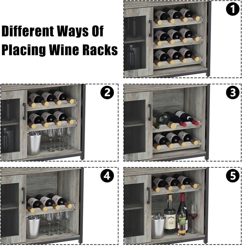 IDEALHOUSE Wine Cabinet with Large Storage Space and Detachable Rack, Small Sideboard and Buffet Cabinet with Mesh Door, Grey