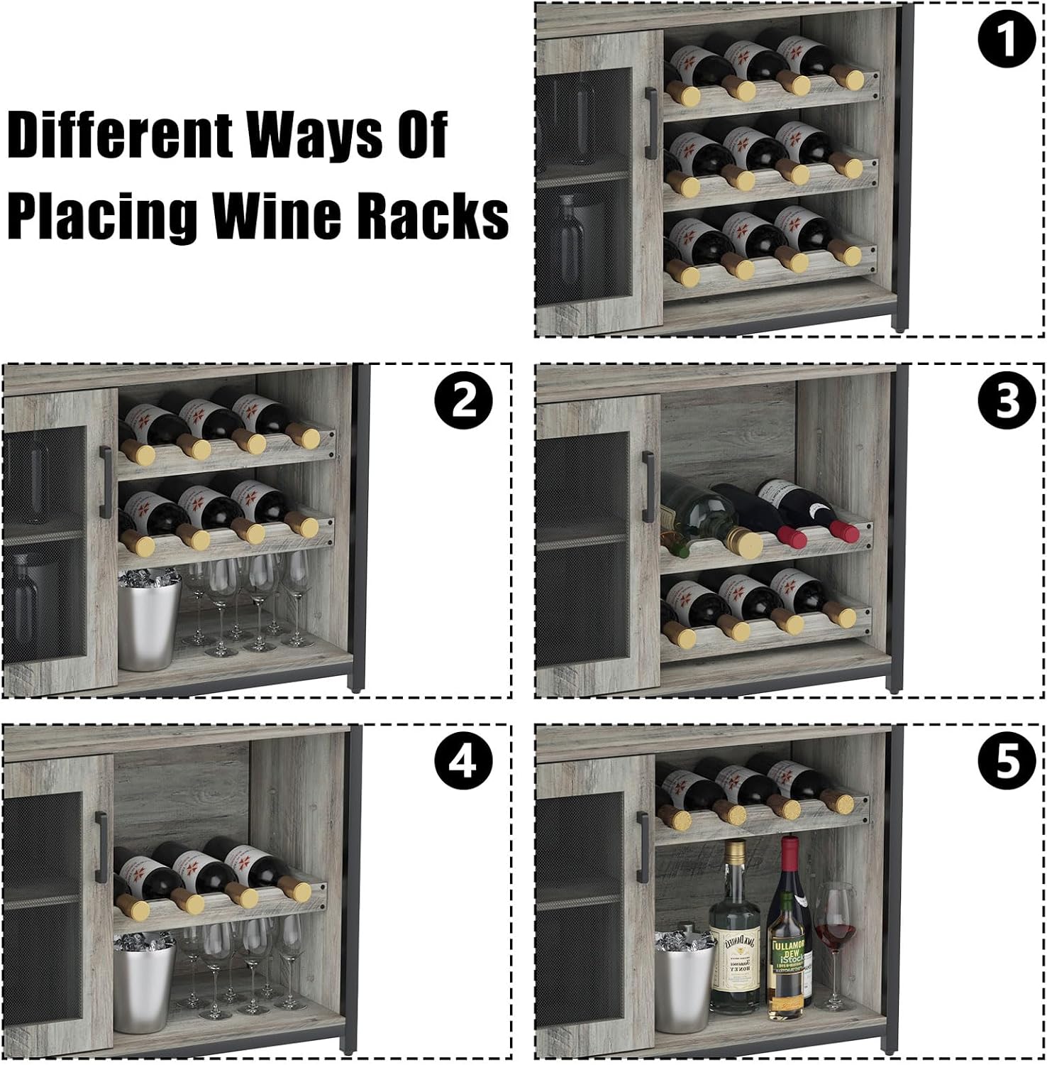 IDEALHOUSE Wine Cabinet with Large Storage Space and Detachable Rack, Small Sideboard and Buffet Cabinet with Mesh Door, Grey